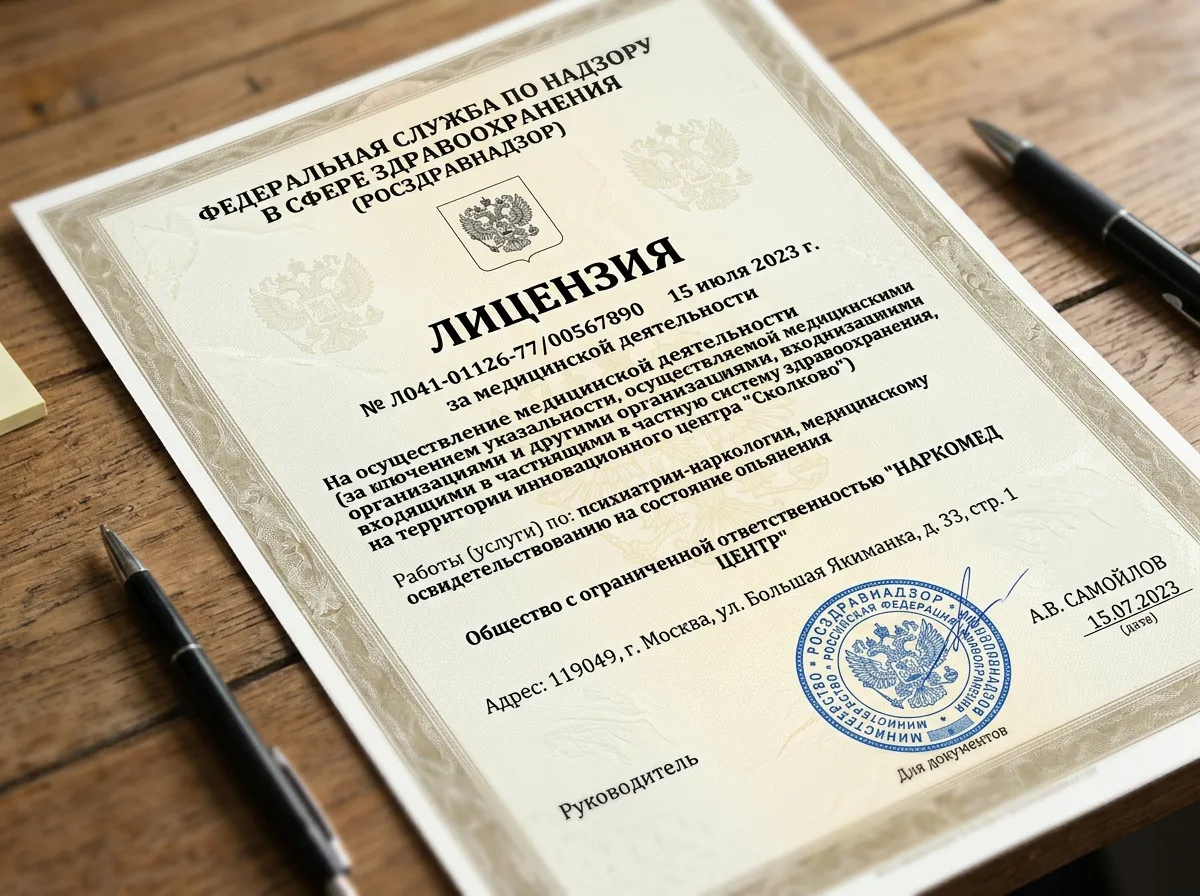 Лицензия Росздравнадзора на осуществление медицинской деятельности по наркологии, официальный документ с печатью, крупный план