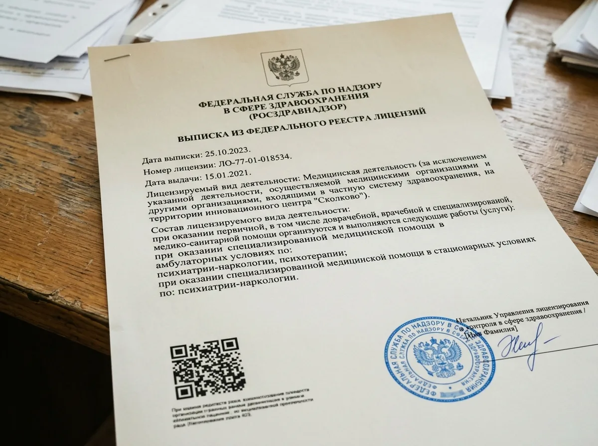 Выписка из федерального реестра лицензий Росздравнадзора, документ с QR-кодом и официальной печатью, наркологическая клиника