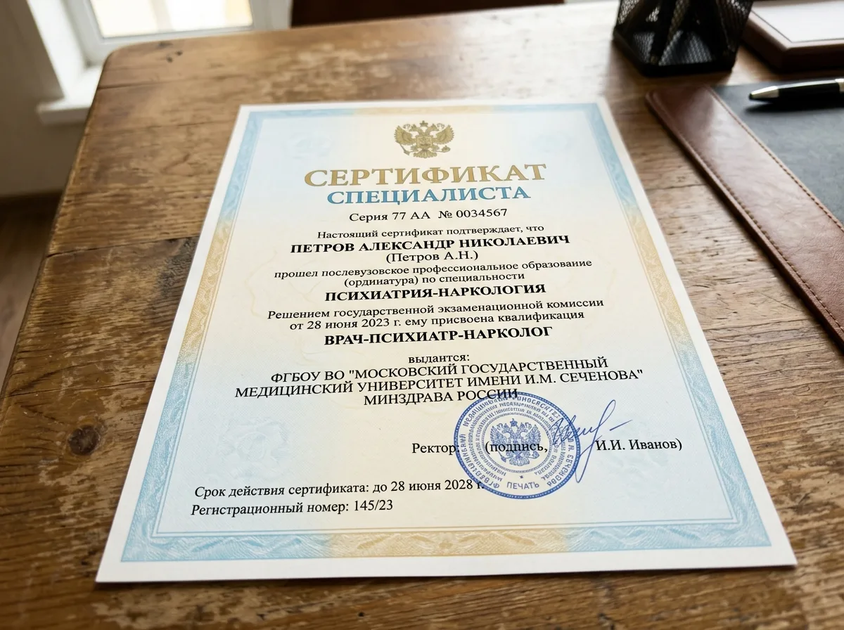 Сертификат специалиста врача-нарколога, документ с печатью медицинского университета и подписью, крупный план